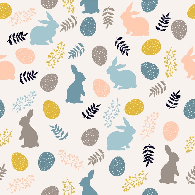 Ostermuster mit eiern, hasen und blumen in pastellfarben nahtloser rapport für ihr design