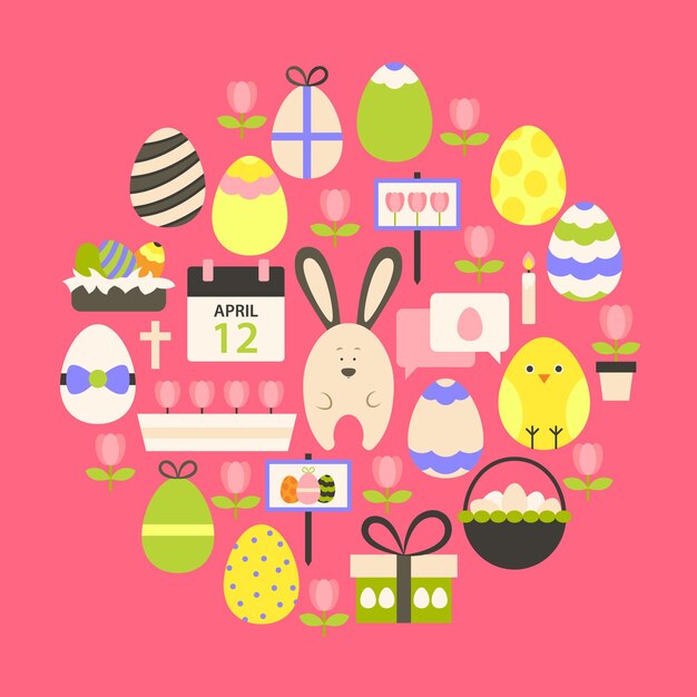 Ostern-feiertags-flache icons set über dunkelrosa. flache stilisierte feiertagsikonen, die kreisförmig geformt sind