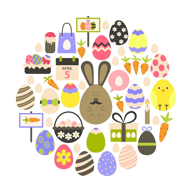 Ostern-feiertags-flache ikonen eingestellt über weiß. flache stilisierte feiertagsikonen, die kreisförmig geformt sind