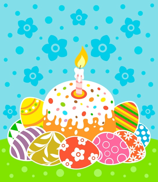 Ostern-Hintergrundkarte mit Kuchen- und Eivektor