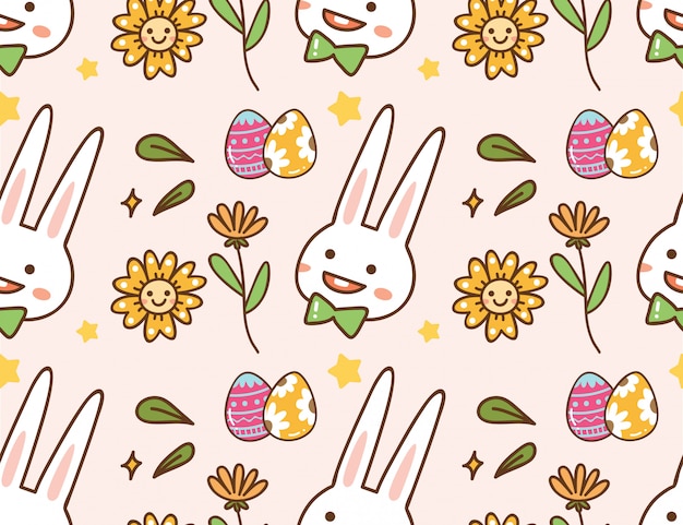 Ostern-kawaii hintergrund mit kaninchen, ei und blume