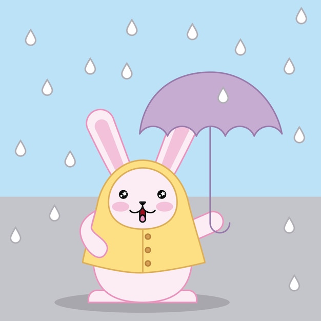 Ostern-Tageskawaii-Kaninchen mit gelbem Regenmantelregenregentag