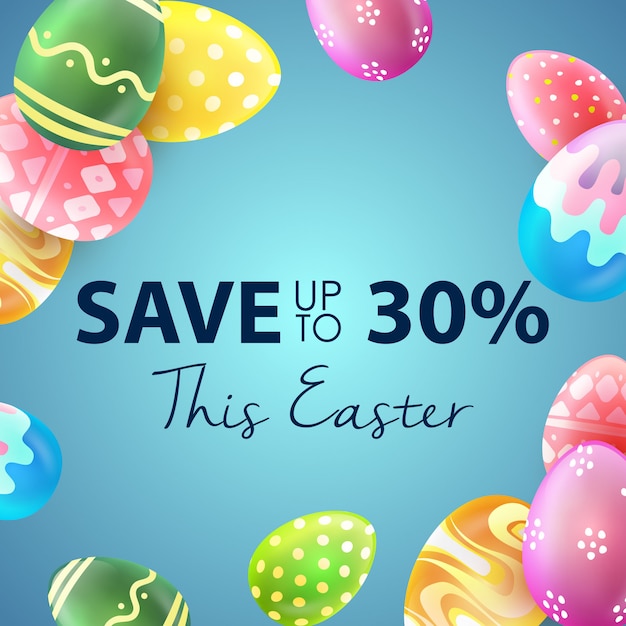 Ostern-Verkaufsfahne mit schönen bunten Eiern auf blauem Hintergrund. Sparen Sie bis zu 30%