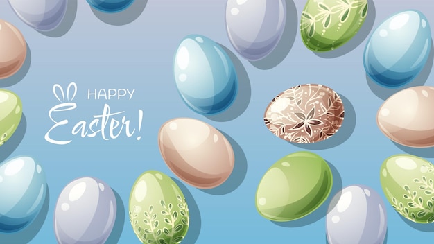Osterposter- und Bannervorlage mit Ostereiern auf blauem Hintergrund Frühlingsillustration