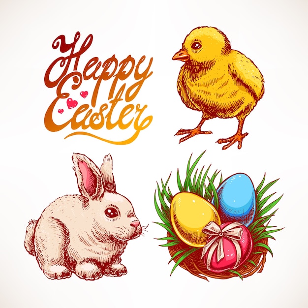 Osterset mit niedlichem Kaninchen, Huhn und Nest mit bunten Eiern. Handgezeichnete Illustration