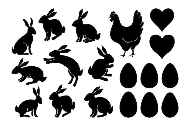 Vektor ostersilhouette set kaninchen eier hand gezeichnet abstrakte tiere grafik elemente sammlung design-symbol für happy passah day ostersymbole vektorform isoliert auf weißem hintergrund