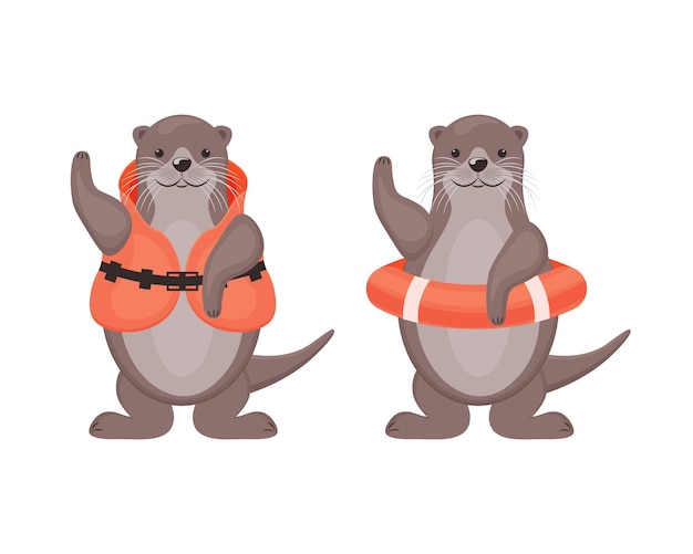 Vektor otter zwei niedliche otter in einer schwimmweste und einem rettungsring niedliche ottertiere vektorillustration