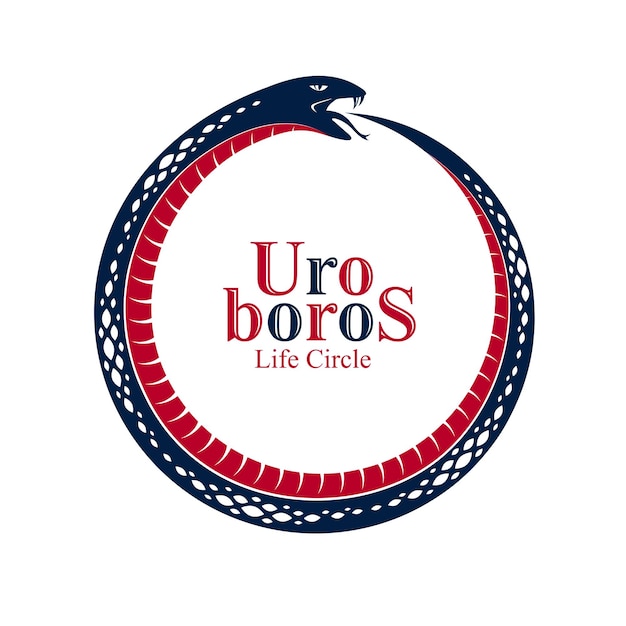 Ouroboros-Schlange in Form eines Kreises, endloser Kreislauf von Leben und Tod, alte Uroboros-Symbolvektorillustration, Schlange, die ihre eigene Geschichte, Logo, Emblem oder Tätowierung isst.