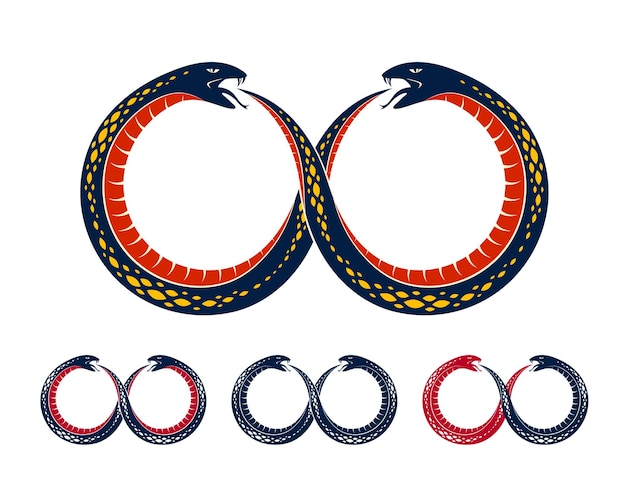 Ouroboros-schlange in form eines unendlichkeitssymbols, endloser kreislauf von leben und tod, antike uroboros-symbolvektorillustration, schlange, die ihre eigene geschichte, logo, emblem oder tätowierung isst.