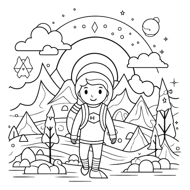 Vektor outdoor-abenteuer-farbbuch-seite für kinder süßes kleines mädchen in warmer kleidung wandert in den bergen
