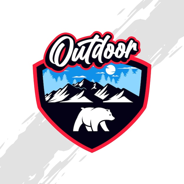 Vektor outdoor-abzeichen mit bären- und bergillustration für sportbekleidung