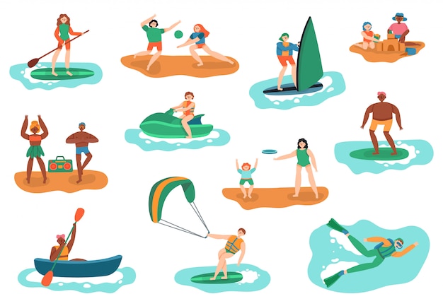 Outdoor-aktivitäten am meer. wasser- und strandsportarten, meerestauchen, surfen und ballspielen, illustrationssatz der menschenferienerholung. aktivität sport ozean, meer aktive freizeit und schwimmen