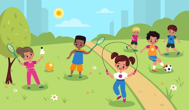Outdoor-Sport für Kinder. Kinder Sommeraktivitäten im Freien, süße Mädchen und Jungen parken Spiele, Fußball, Badminton und Springseil. Kleine Freunde spielen zusammen Vektor-Cartoon-Kindheitskonzept