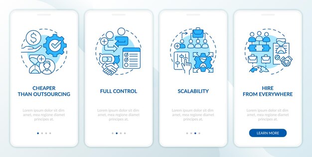 Outstaffing-Vorteile blauer Onboarding-Bildschirm der mobilen App