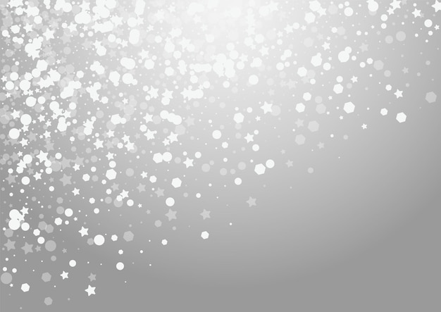 Overlay-Schnee-Vektor-grauer Hintergrund. Silberne fallende Schneefall-Karte. Glühen Sie Konfetti-Illustration. Magisches Flockenmuster.