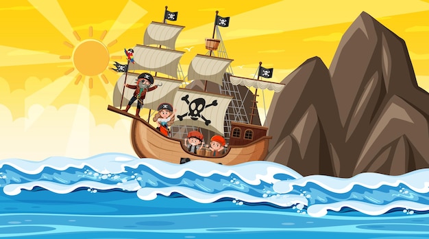 Ozean mit piratenschiff bei sonnenuntergang im cartoon-stil