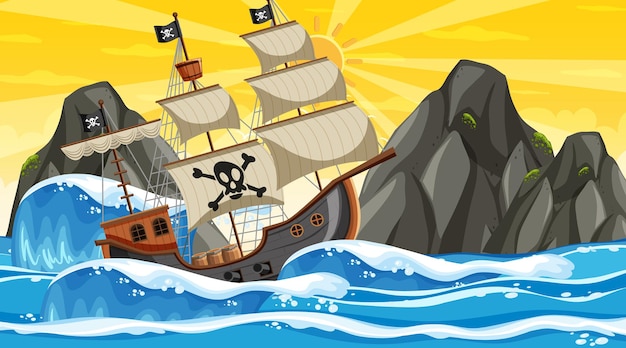 Ozean mit piratenschiff bei sonnenuntergang im cartoon-stil