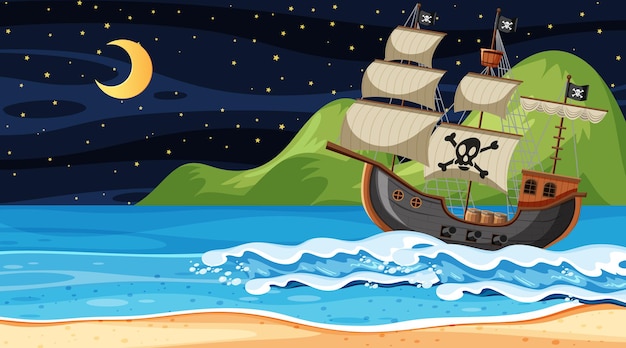 Ozean mit piratenschiff in der nachtszene im cartoon-stil