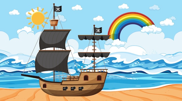 Ozean mit piratenschiff tagsüber szene im cartoon-stil