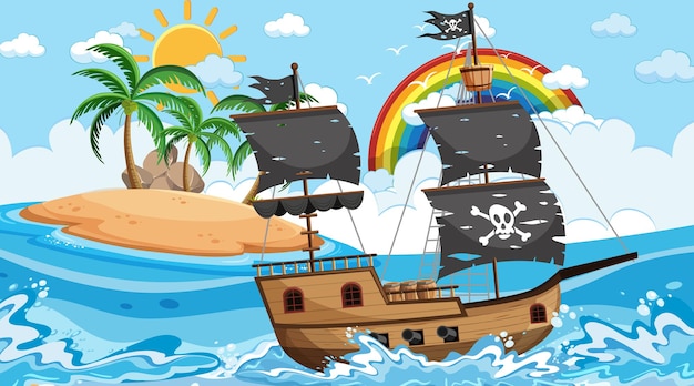 Ozean mit Piratenschiff tagsüber Szene im Cartoon-Stil