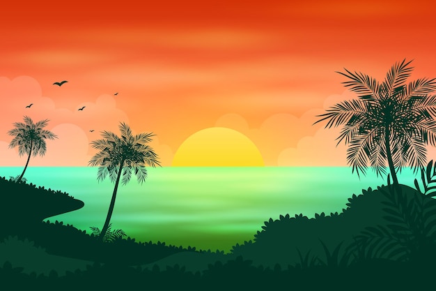Ozean Sonnenuntergang oder Sonnenaufgang Landschaft Cartoon Illustration