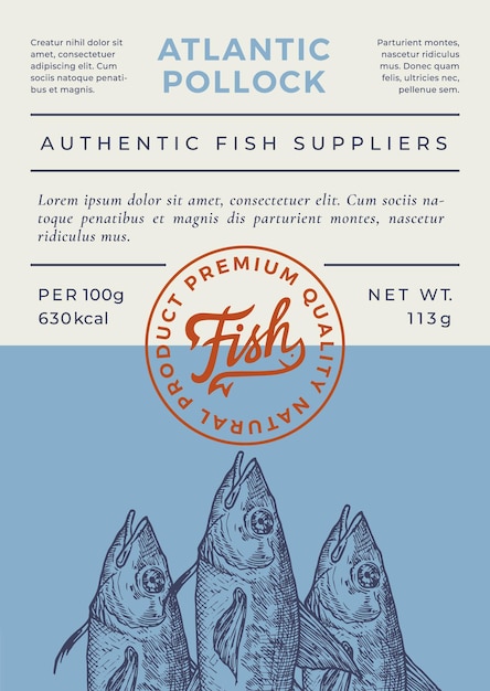 Ozeanfisch abstraktes vektorverpackungsdesign oder moderne typografie-banner des etiketts handgezeichnete pollock-ske...