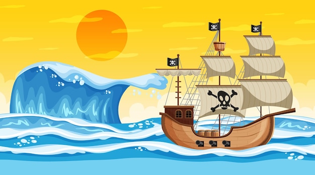 Ozeanszene bei sonnenuntergang mit piratenschiff im cartoon-stil