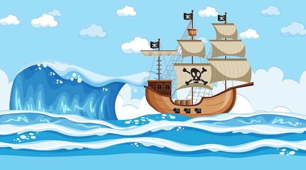 Ozeanszene tagsüber mit piratenschiff im cartoon-stil