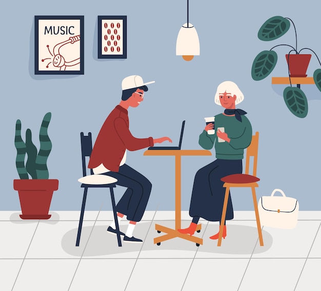 Vektor paar arbeitet im café. junger mann und frau verbringen zeit im coffeeshop. freiberufler sitzen mit laptop und mädchen mit smartphone im modernen coworking am tisch. vektorillustration im flachen cartoon-stil.