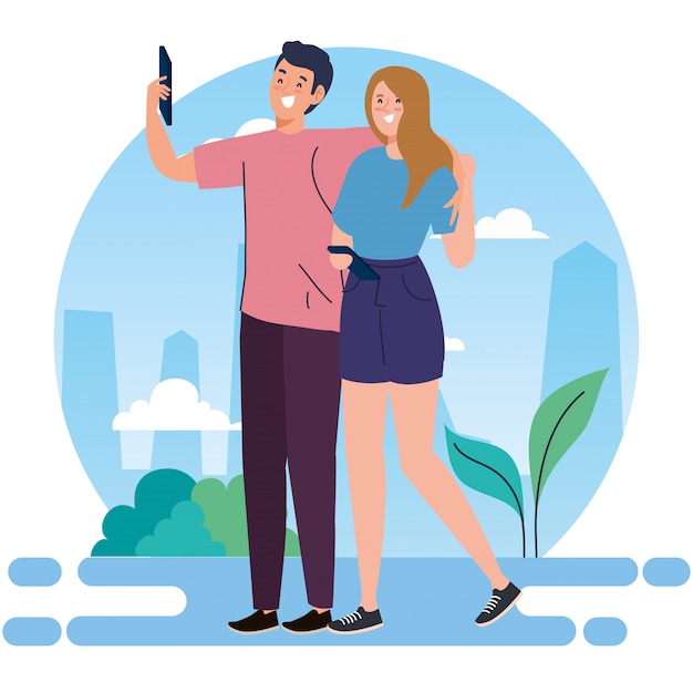 Paar, das Freizeitaktivitäten im Freien durchführt, glückliches Paar nehmen Selfie-Illustrationsdesign