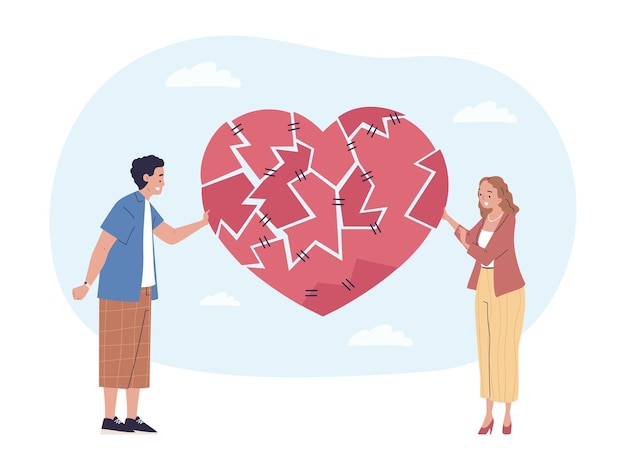 Paar, das Herz zusammenbringt, gebrochene Beziehung aufbaut oder Familie, Eheproblemkonzept, Freund und Freundin, Konflikt, Liebe, romantischer Partner, Kommunikationsvektor, Illustration