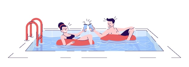 Vektor paar in der flachen vektorillustration des swimmingpools. romantisches date im wasser. freund, freundin, die cocktail in sicherheitsringen trinkt, isolierte zeichentrickfiguren mit umrisselementen auf weißem hintergrund