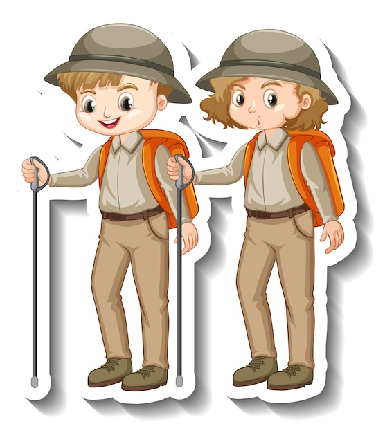 Paar kinder tragen safari-outfit-cartoon-charakter-aufkleber