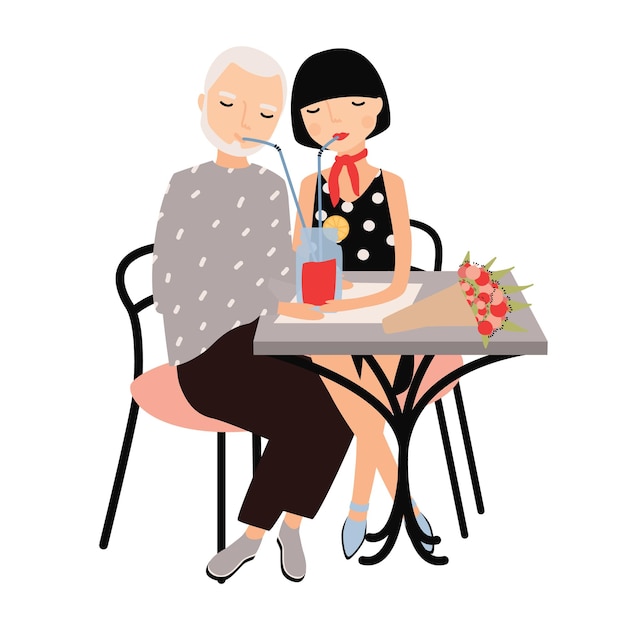 Paar Mann und Frau, die am Tisch sitzen und Cocktail mit Strohhalmen zusammen trinken