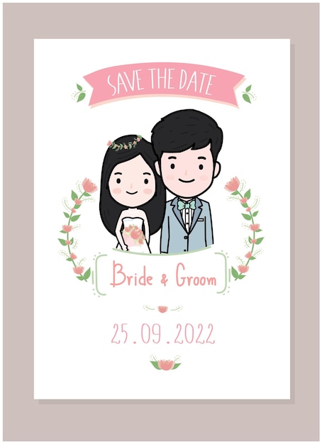 Paar minimaler Cartoon mit Blume für Hochzeitseinladungskarte