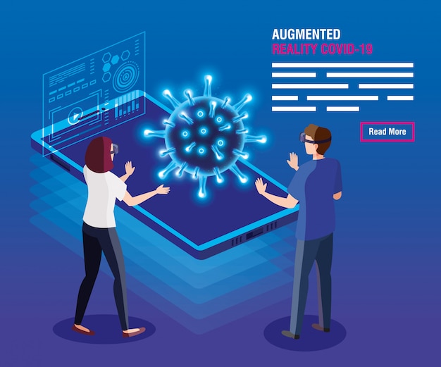 Paar mit brille virtual reality und smartphone, augmented reality, coronavirus covid-19 vektor-illustration design