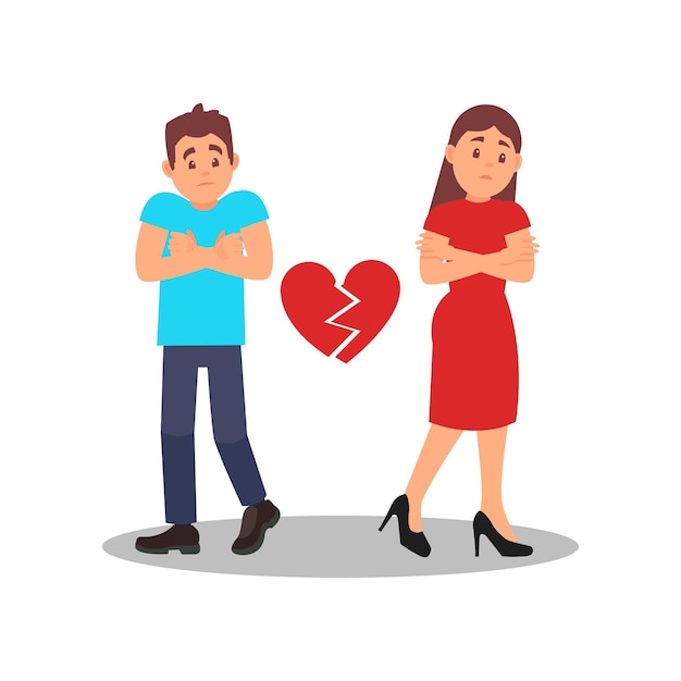 Paar mit gebrochenem Herzen Junge Frau und Mann mit verärgerten Gesichtsausdrücken Probleme in Beziehungen Flaches Vektordesign