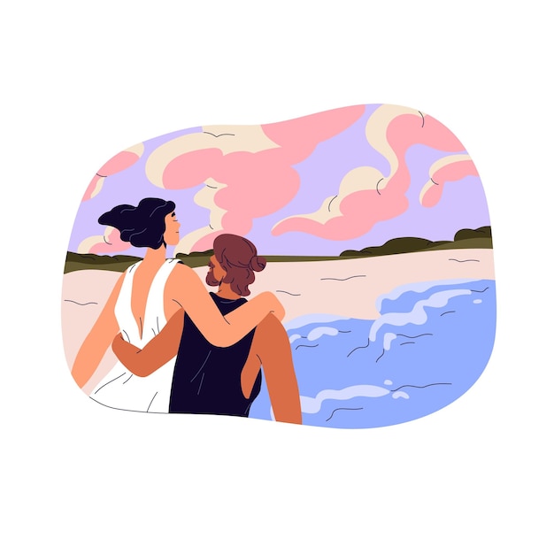 Paar mit Höhenunterschied auf der Flitterwochen Romantik-Date im Freien Liebhaber gehen am Strand Hoch Mädchen und niedrig Mann in romantischer Beziehung Ungewöhnliche Liebe flache isolierte Vektor-Illustration auf weiß