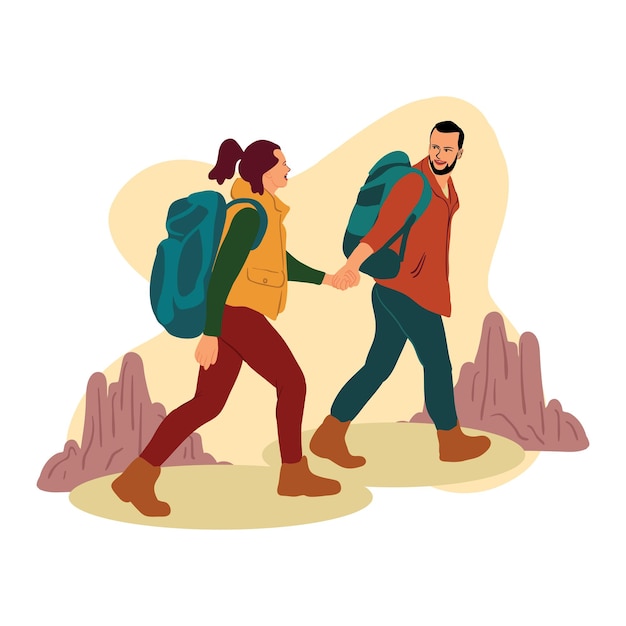 Paar Rucksack Wandern im Freien, Berg wandern, reisendes Paar, flache Illustration