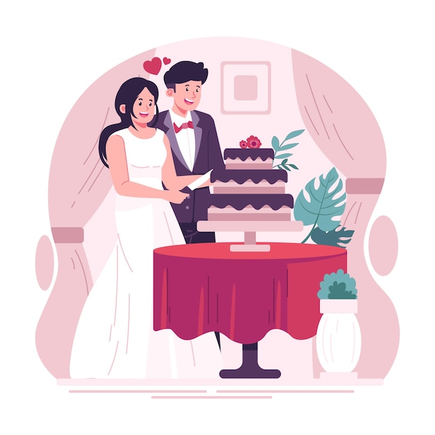 Paar schneidet Kuchen am Hochzeitstag