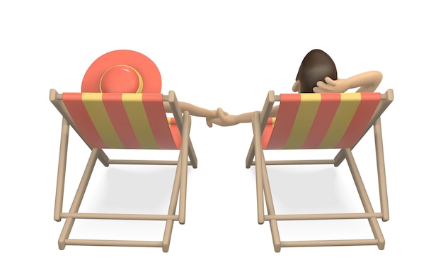 Paar sitzt in liegestühlen am strand im resort sommer 3d realistische objekte vektor-illustration