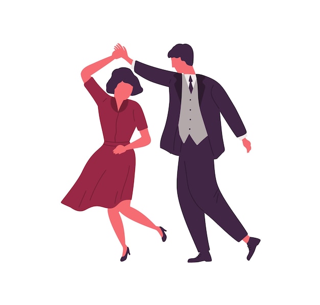 Paar tanzen zusammen Händchen haltend Vektor flache Illustration. Tänzer von Mann und Frau, die Tanzelemente in der Schule oder Party einzeln aufführen. Menschen, die choreografisches Hobby oder Unterhaltung genießen.