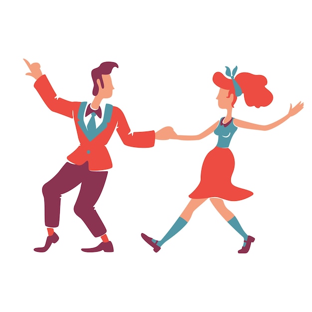 Paar tanzende boogie woogie flache farbe gesichtslose charaktere. amerikanische frau und mann der kaukasischen 40er jahre. retro-stil disco-darsteller, altmodische 50er jahre zeigen isolierte cartoon-illustration