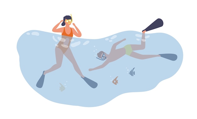 Paar tauchen und schwimmen unter wasser. szene der sommerferien und aktivität. flache vektor-cartoon-illustration von sporttauchern in masken und googles isoliert auf weißem hintergrund.