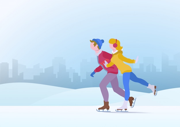 Paar-Teenager Junge und Mädchen, die auf Eisvektorillustration eislaufen.
