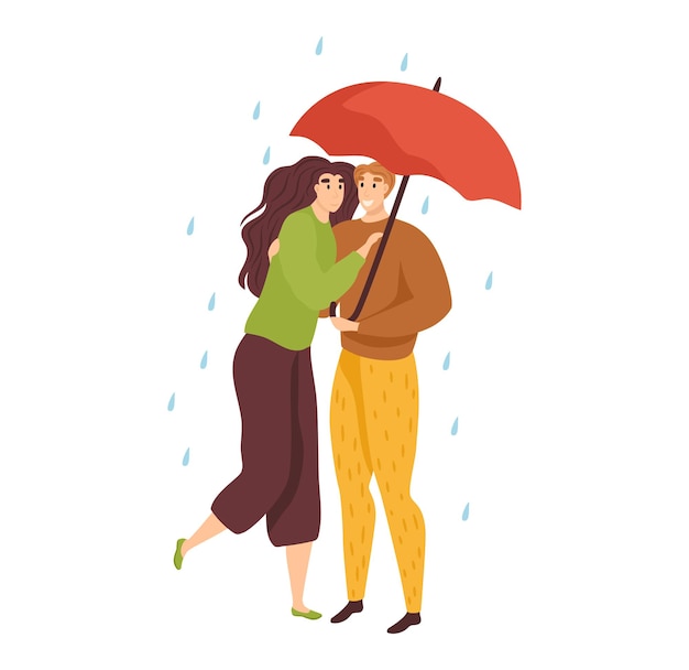 Paar teilt sich einen roten regenschirm regen frau umarmt mann beide lächeln regenwetter liebe