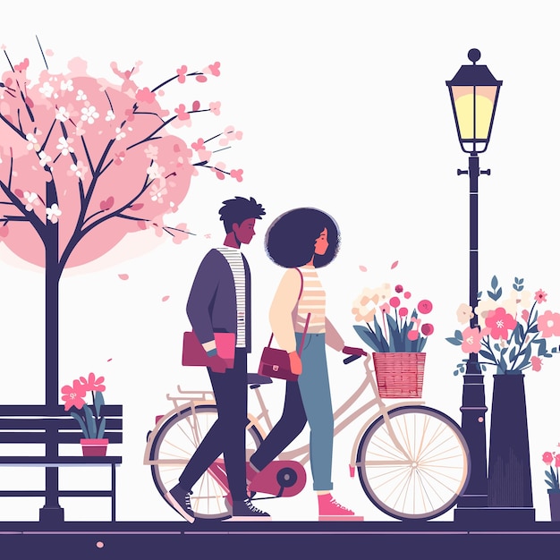 Vektor paar und fahrrad illustration kirschblüte abendansicht