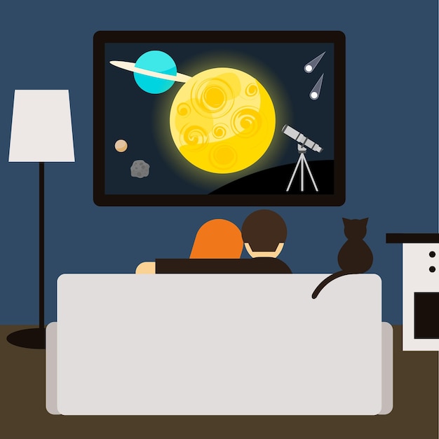 Paar und katze schauen sich gemeinsam einen science-fiction-film im fernsehen an und sitzen auf der couch im zimmer. trendige flache illustration für den einsatz in designkarten, einladungen, postern, bannern, plakaten