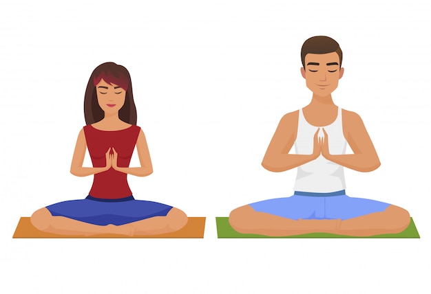 Paar-yoga-vektor-illustration. mann und frau lotus position isoliert.