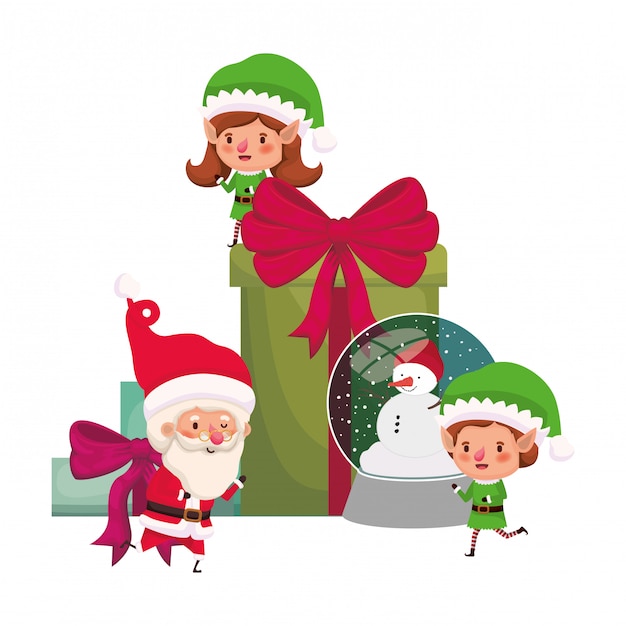 Paare von elfen und von weihnachtsmann mit geschenkkästen